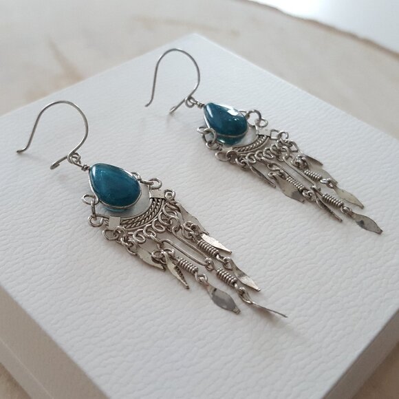 Vintage Bohemian Style Blue/Green Stone Dangle Earrings - Picture 1 of 7